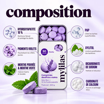 Pastilles de dentifrice solide à croquer blanchissantes MYLILAS