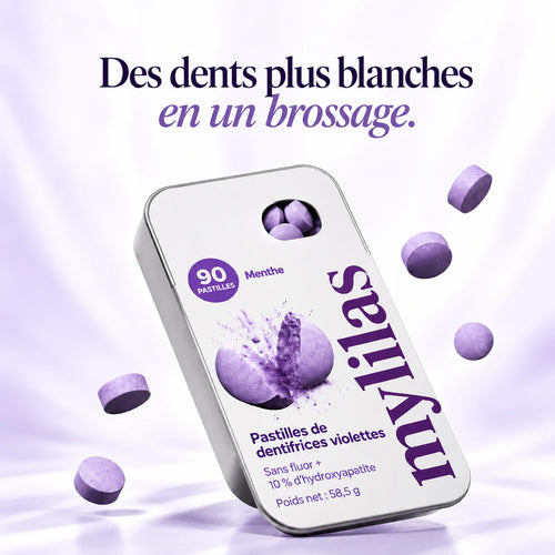 Boîte de dentifrice solide à croquer MYLILAS, pastilles blanchissantes